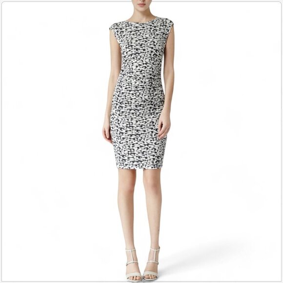 REISS Rica Black Off White Print Jersey Stretch Ruched Bodycon Dress Size 4 - Picture 1 of 5